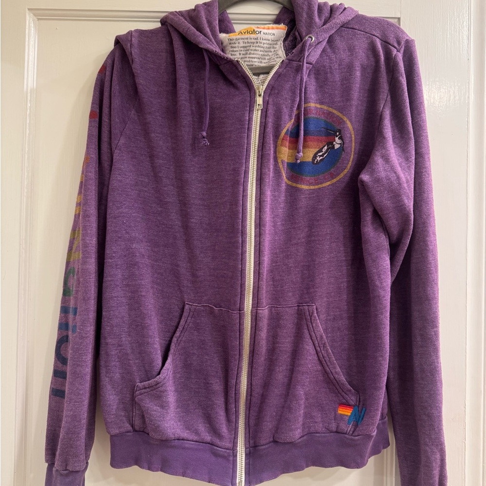 Aviator Nation Purple Zip up Hoodie with Rainbow Accents